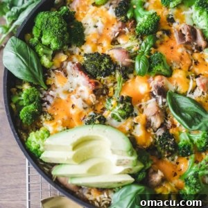 The finished Easy Chicken Broccoli Rice and Cheese Casserole, showcasing its inviting golden crust.