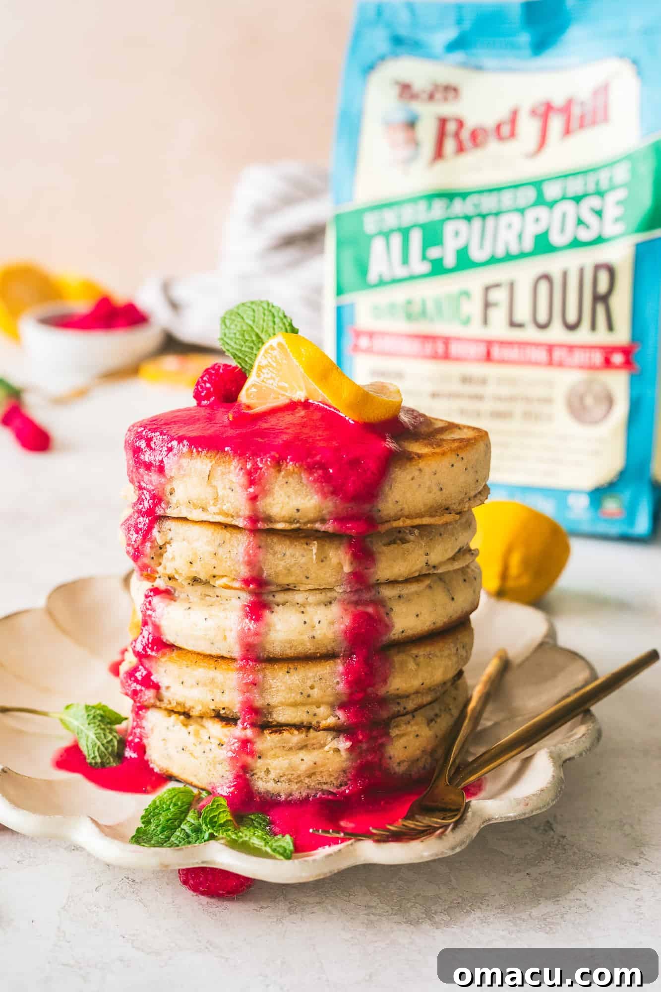 Ingredients for raspberry coulis, including fresh raspberries and sugar, in a food processor