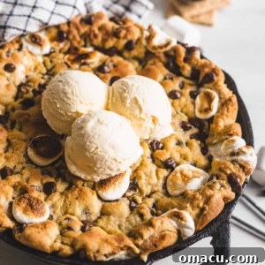 Finished S'mores Stuffed Chocolate Chip Skillet Cookie