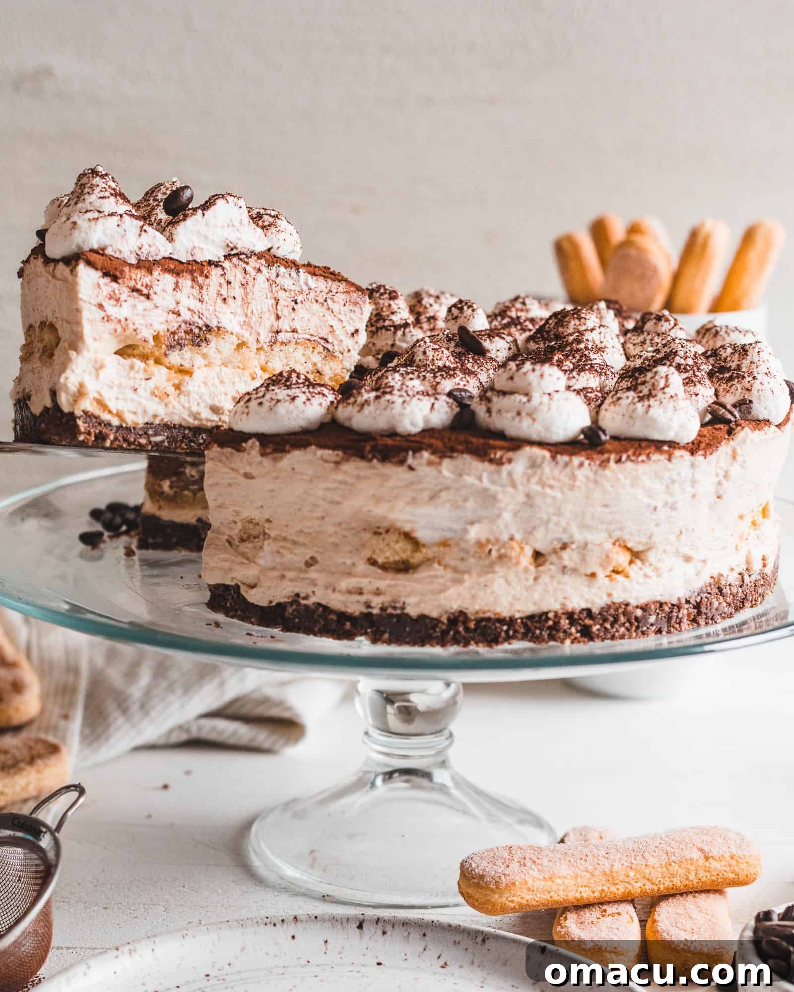 Close-up shot of the exquisite No-Bake Tiramisu Cheesecake, highlighting its delicate layers and inviting texture.