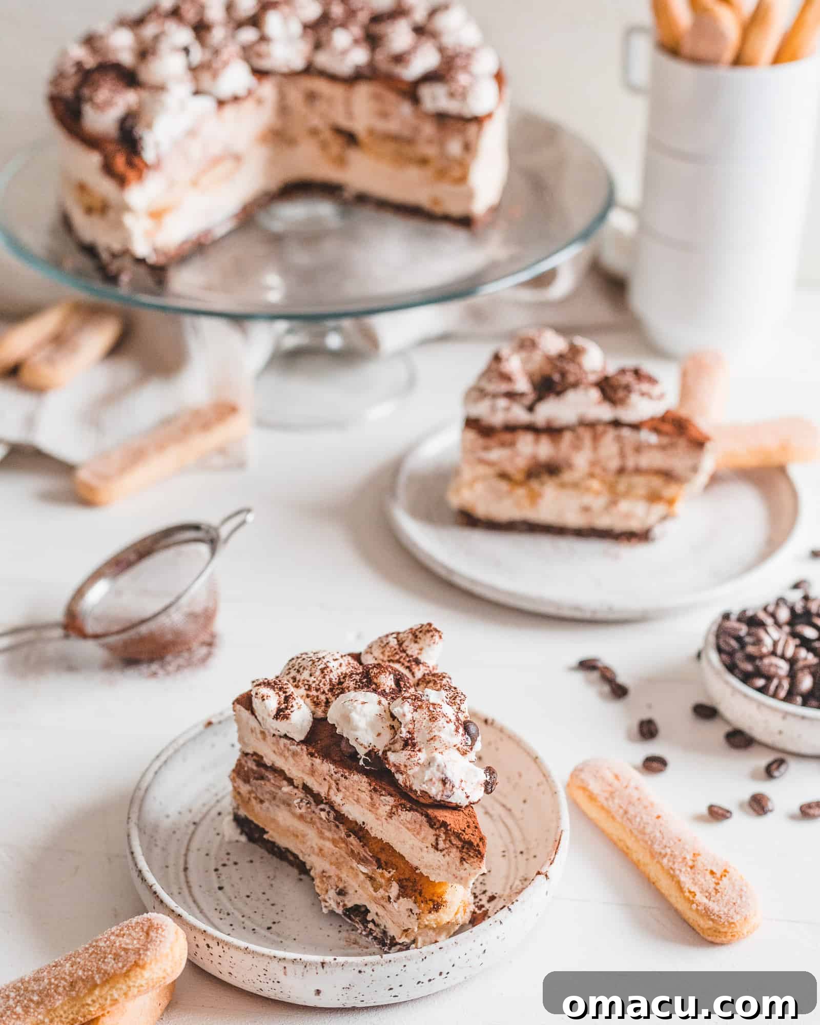 An artfully composed shot of a No-Bake Tiramisu Cheesecake, showcasing its rich brown hues and inviting layers, ready to be savored.