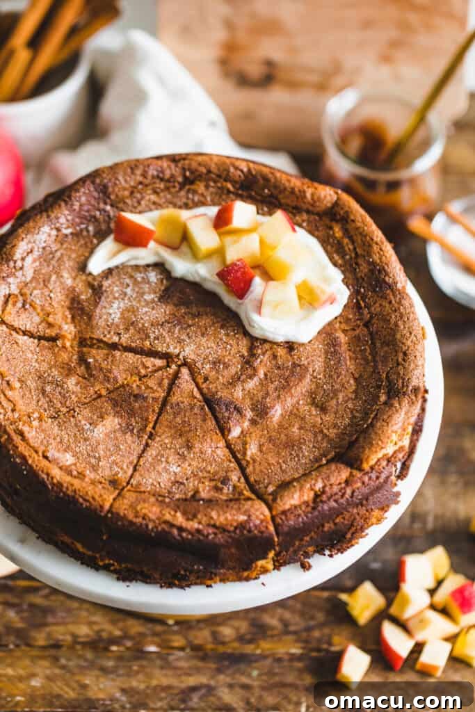 A tantalizing slice of Apple Butter Basque Cheesecake on a cake stand, elegantly garnished with fresh apple slices and fragrant cinnamon sticks in the background.