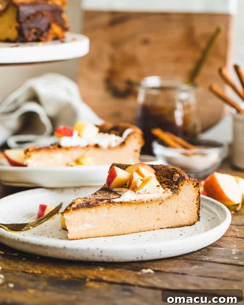 A perfectly plated slice of Apple Butter Basque Cheesecake, adorned with a swirl of whipped cream and finely chopped cinnamon-dusted apples.