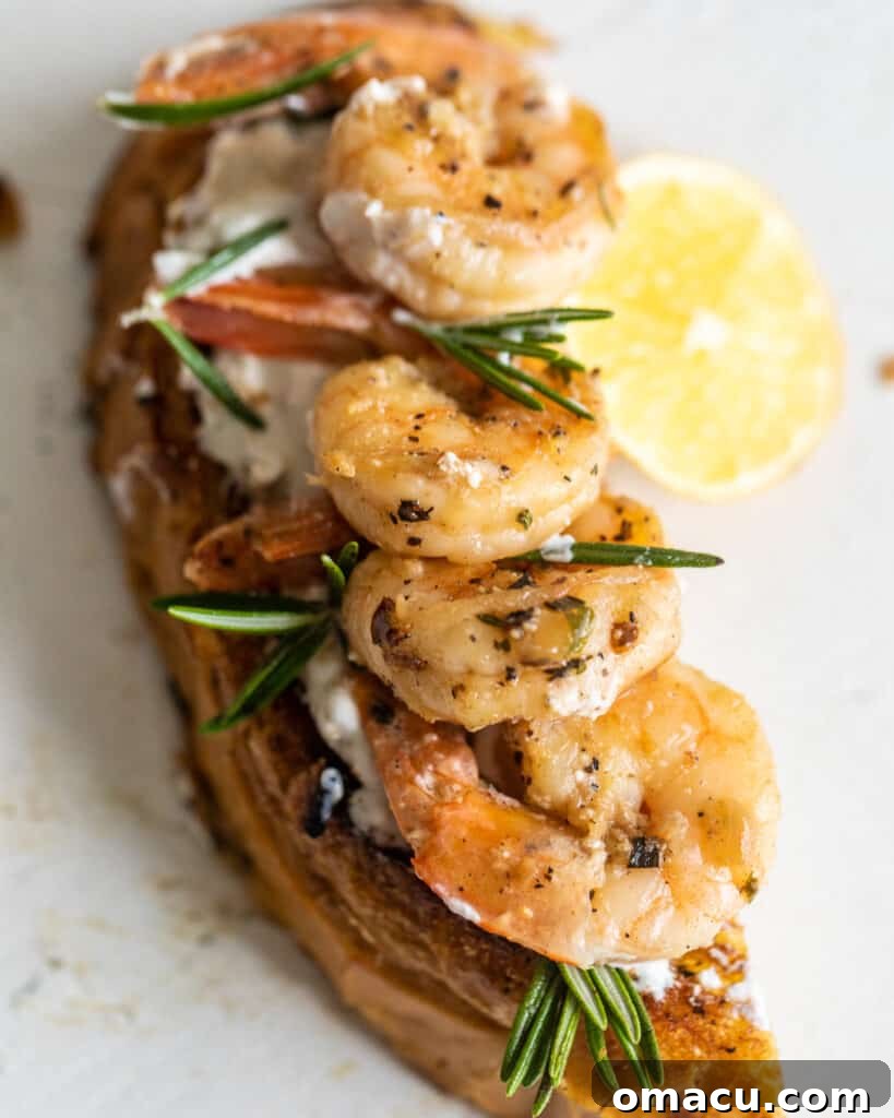 Shrimp on a piece of toast with whipped ricotta