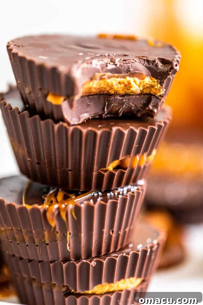 A detailed close-up photo of a finished Salted Caramel Peanut Butter Cup, showcasing its beautiful layers and inviting texture.