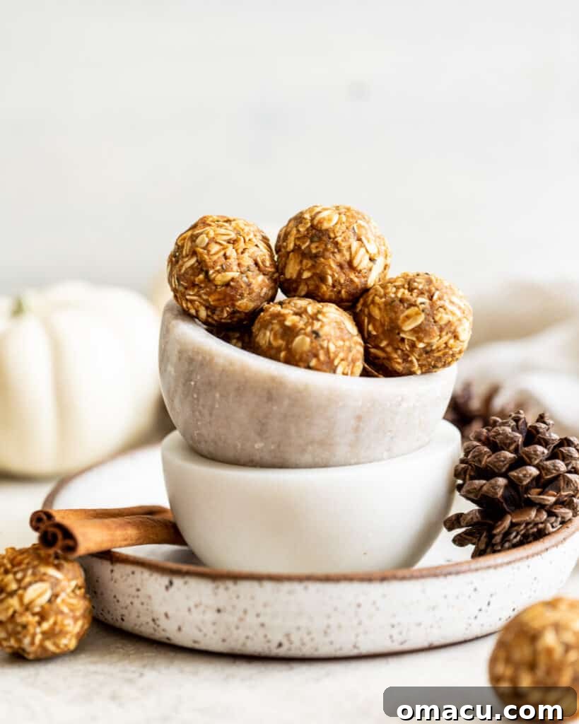 Close-up photo of chai spiced energy bites in a rustic bowl, with a decorative pine cone beside it, evoking a natural, cozy atmosphere.