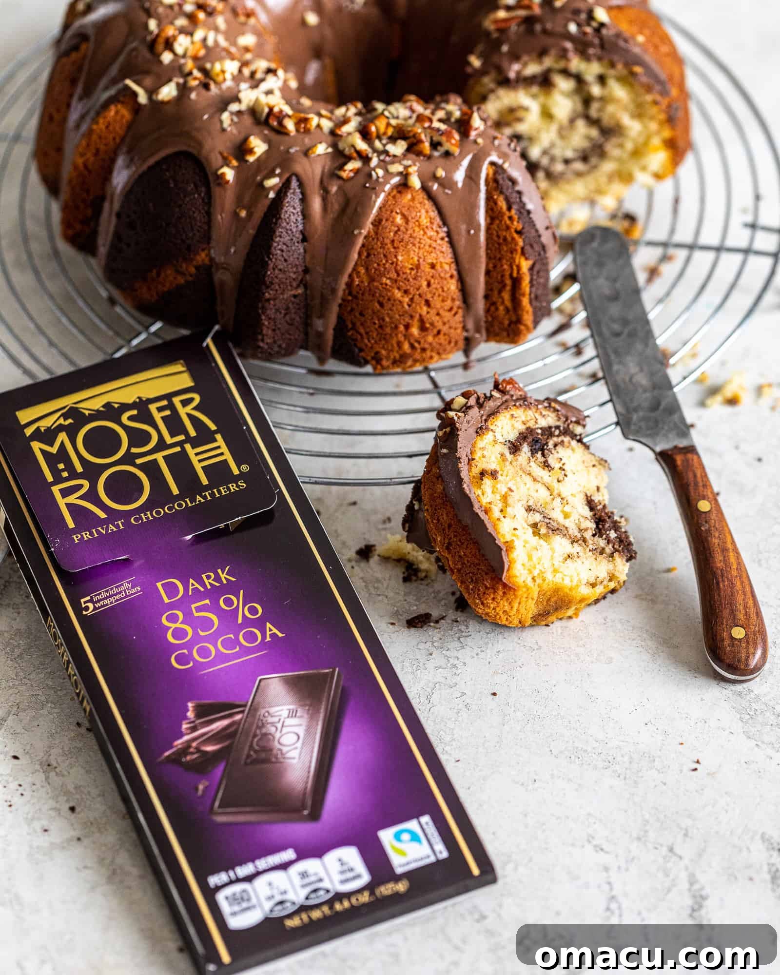 The chocolate coffee marble cake freshly baked in a bundt pan, ready for glazing, showcasing its golden crust and inviting aroma.