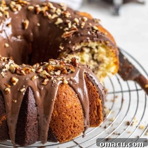 A close-up photo of a cross-section of the cake, showing its tender crumb and beautiful marbling.
