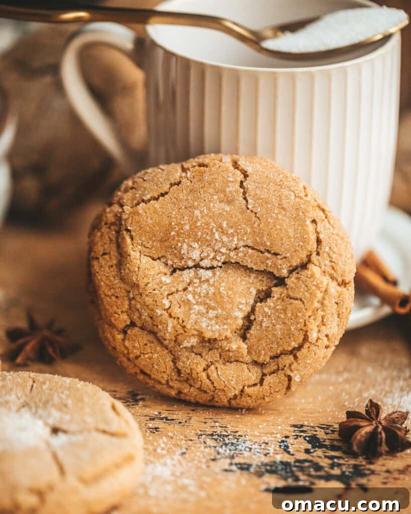 A perfectly baked brown butter chai cookie positioned invitingly in front of a tea cup, showcasing its texture