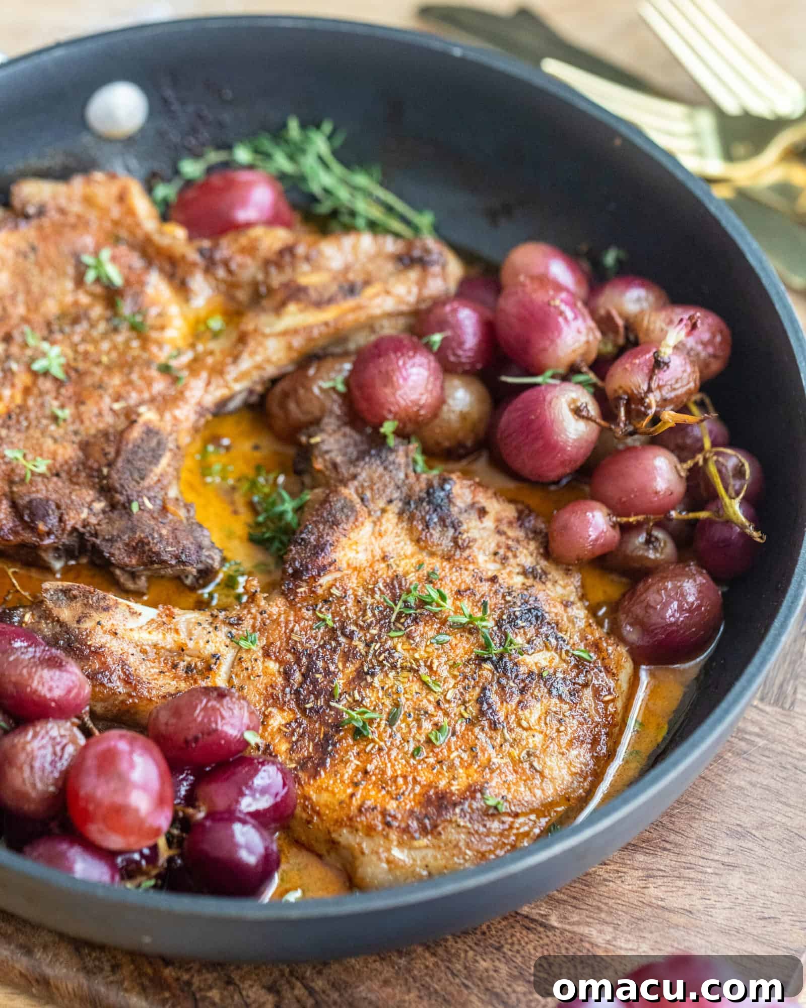 A close-up of a high-quality nonstick pan, suitable for searing and roasting.