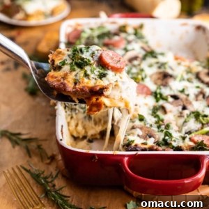The finished Roasted Garlic Sausage Kale and Mushroom Lasagna, ready to be served.