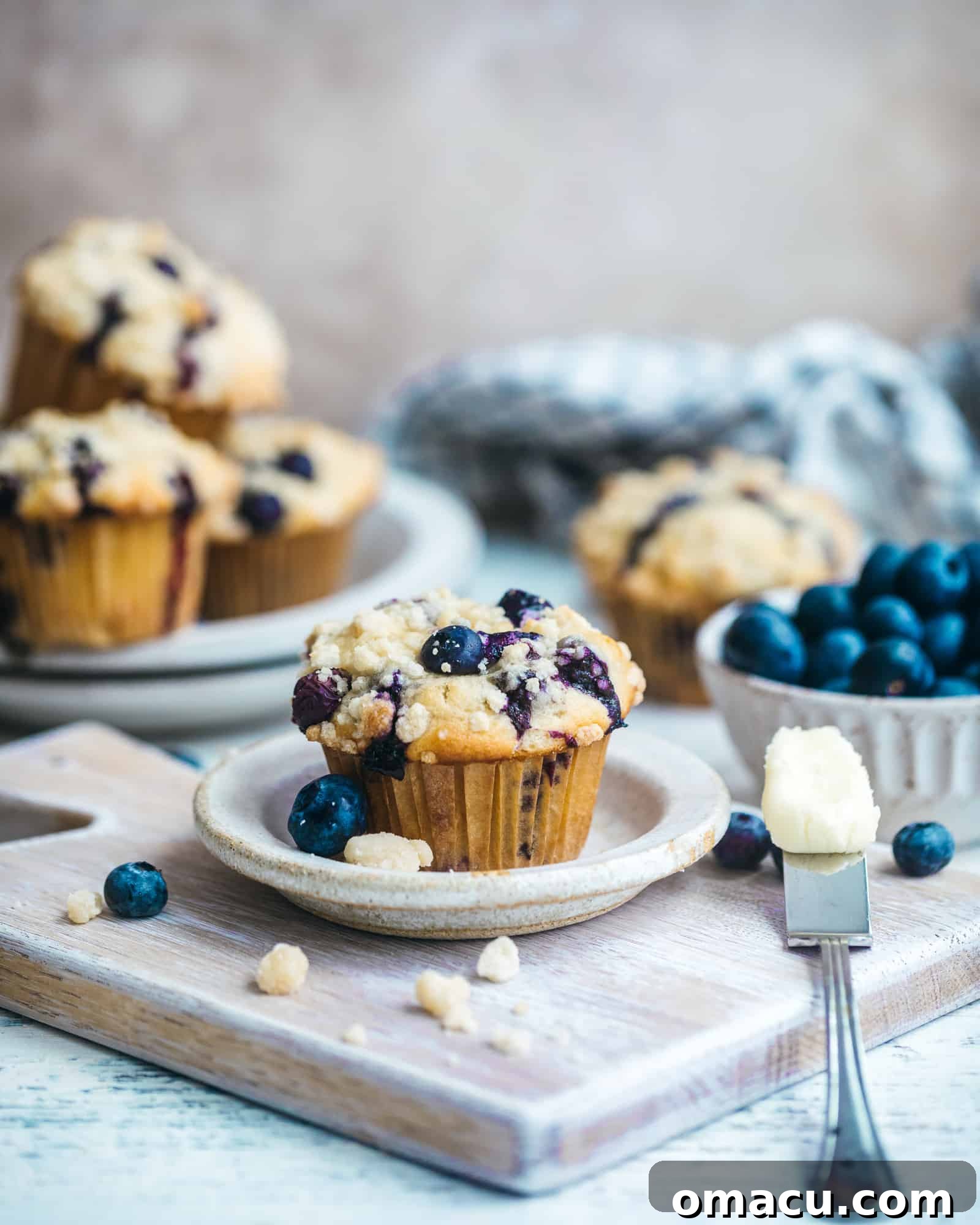 Platter of golden-brown blueberry crumb cake muffins, some with visible streusel topping