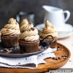 chocolate cupcakes with espresso buttercream on a serving tray