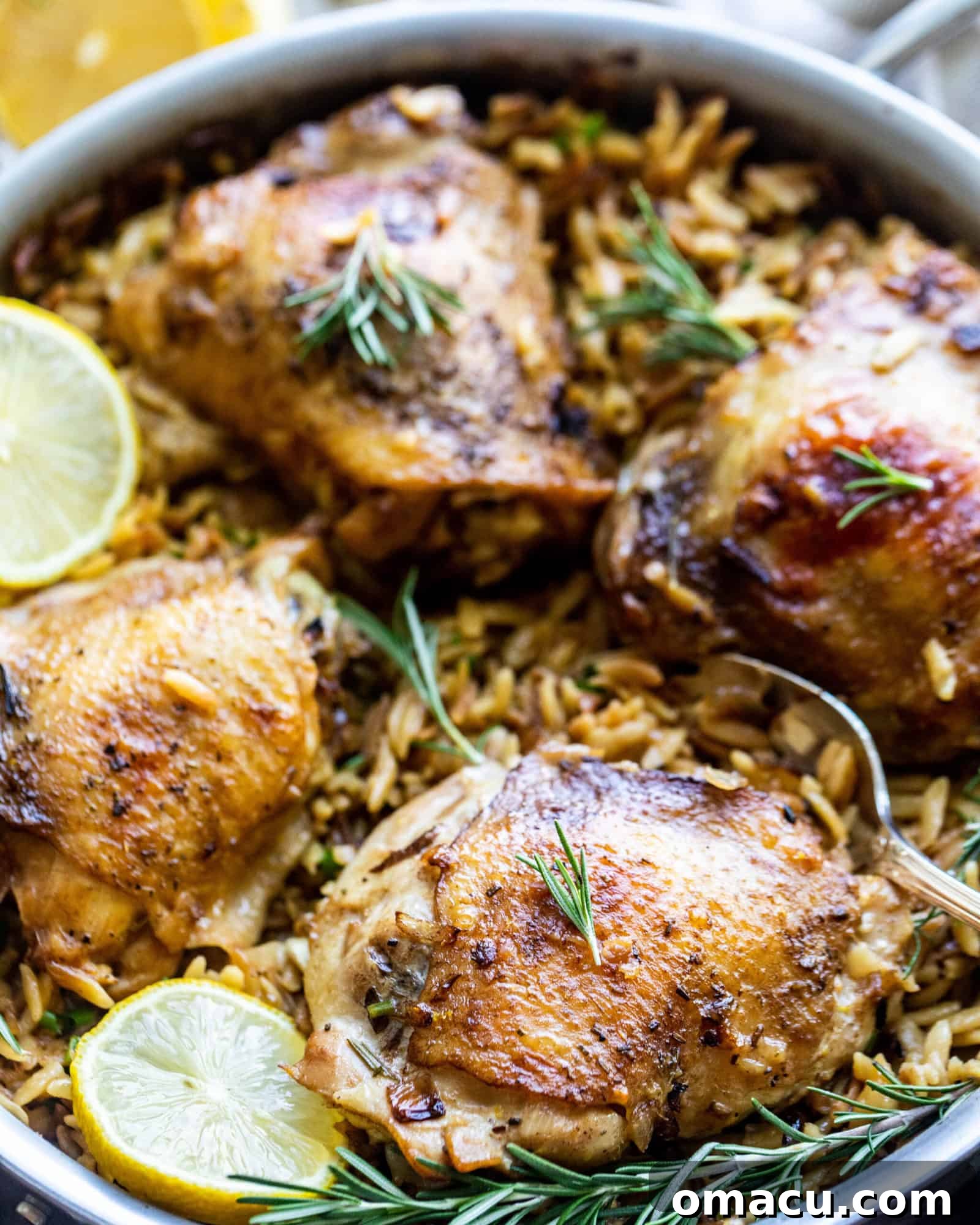 chicken and orzo in a large pan with lemons