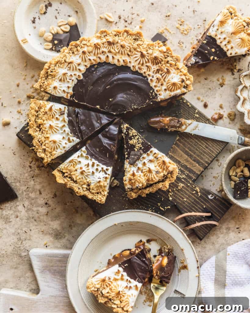 A perfectly sliced salted caramel chocolate tart on a cutting board, revealing its beautiful layers of crust, caramel, and ganache.