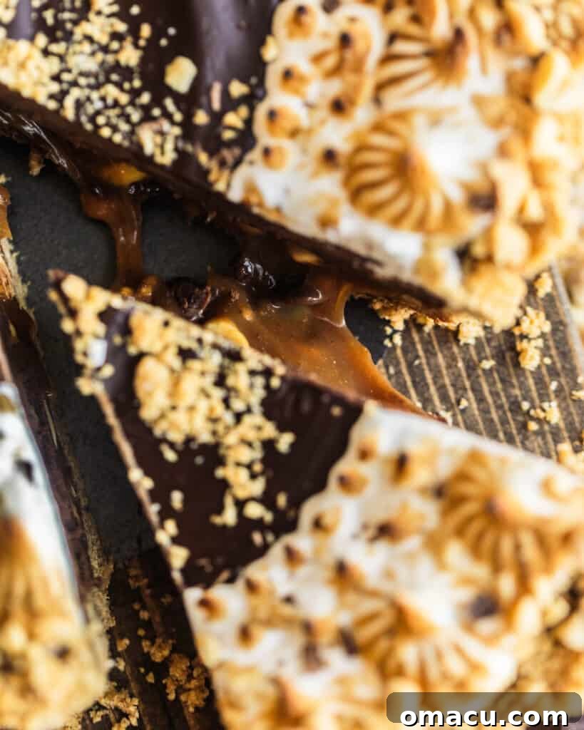 Two generous slices of the chocolate salted caramel tart, with the luscious caramel layer gently oozing out, showcasing its rich texture.