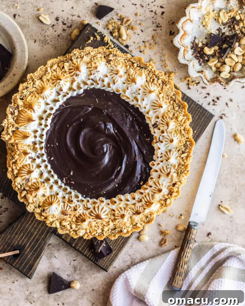 The complete salted caramel chocolate tart presented on a beautiful serving board, accompanied by a bowl of crunchy peanuts, highlighting its nutty richness.