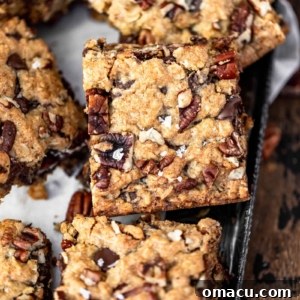 chocolate chip pecan oatmeal bar with flake salt on top