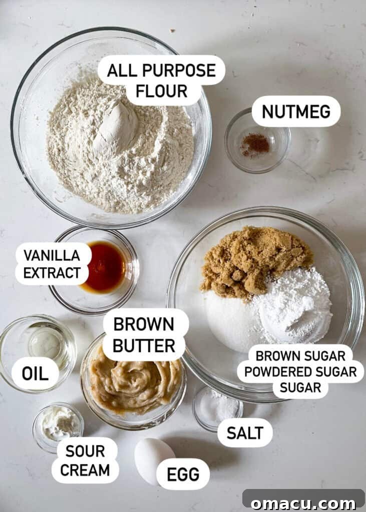 A flat lay showing all the ingredients needed to make brown butter sugar cookies