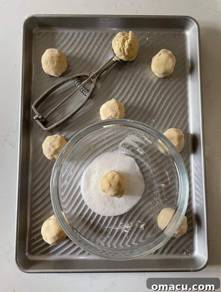 Rolled balls of brown butter sugar cookie dough coated in sugar on a baking sheet