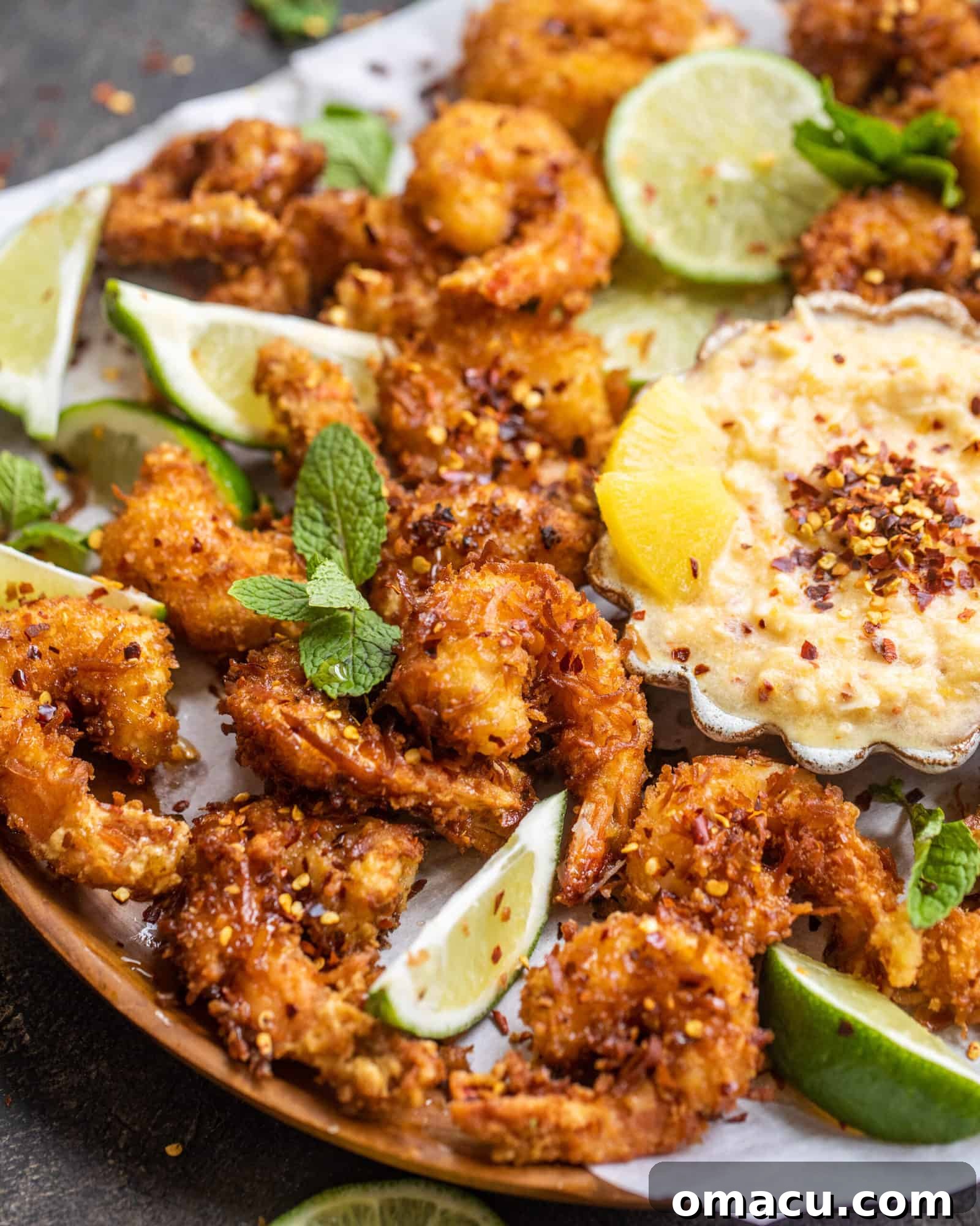 crispy golden fried shrimp on a wooden plate with fresh mint and sliced limes
