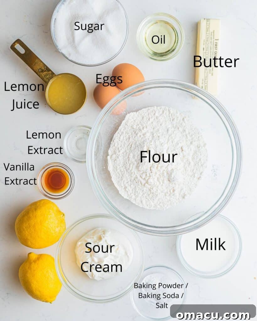 a list of ingredients needed to make lemon raspberry cupcakes in bowls