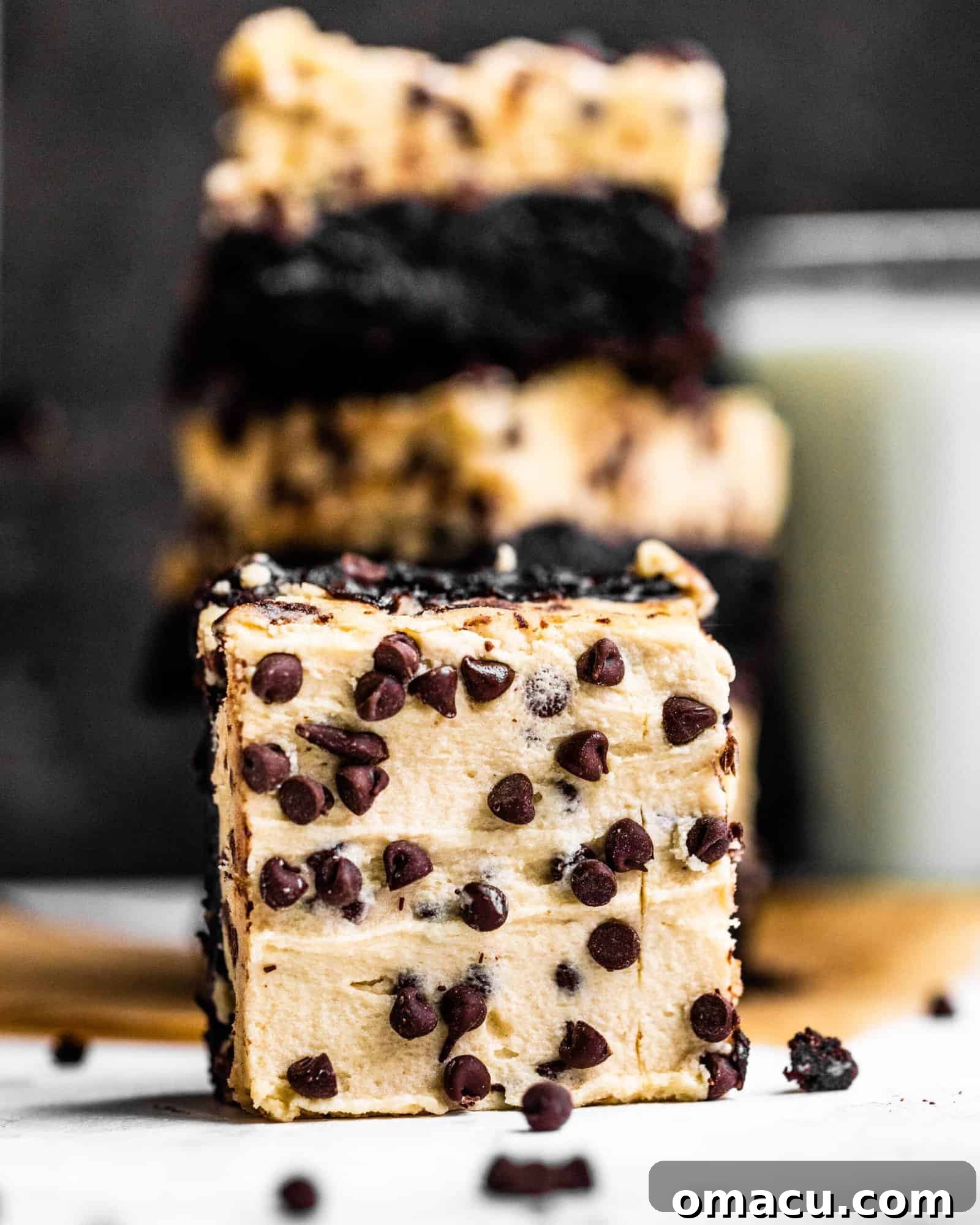 cookie dough brownie surrounded by chocolate chips