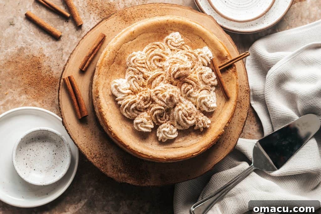 Decadent Snickerdoodle Cheesecake with a generous swirl of Cookie Whipped Cream, perfect for holidays.