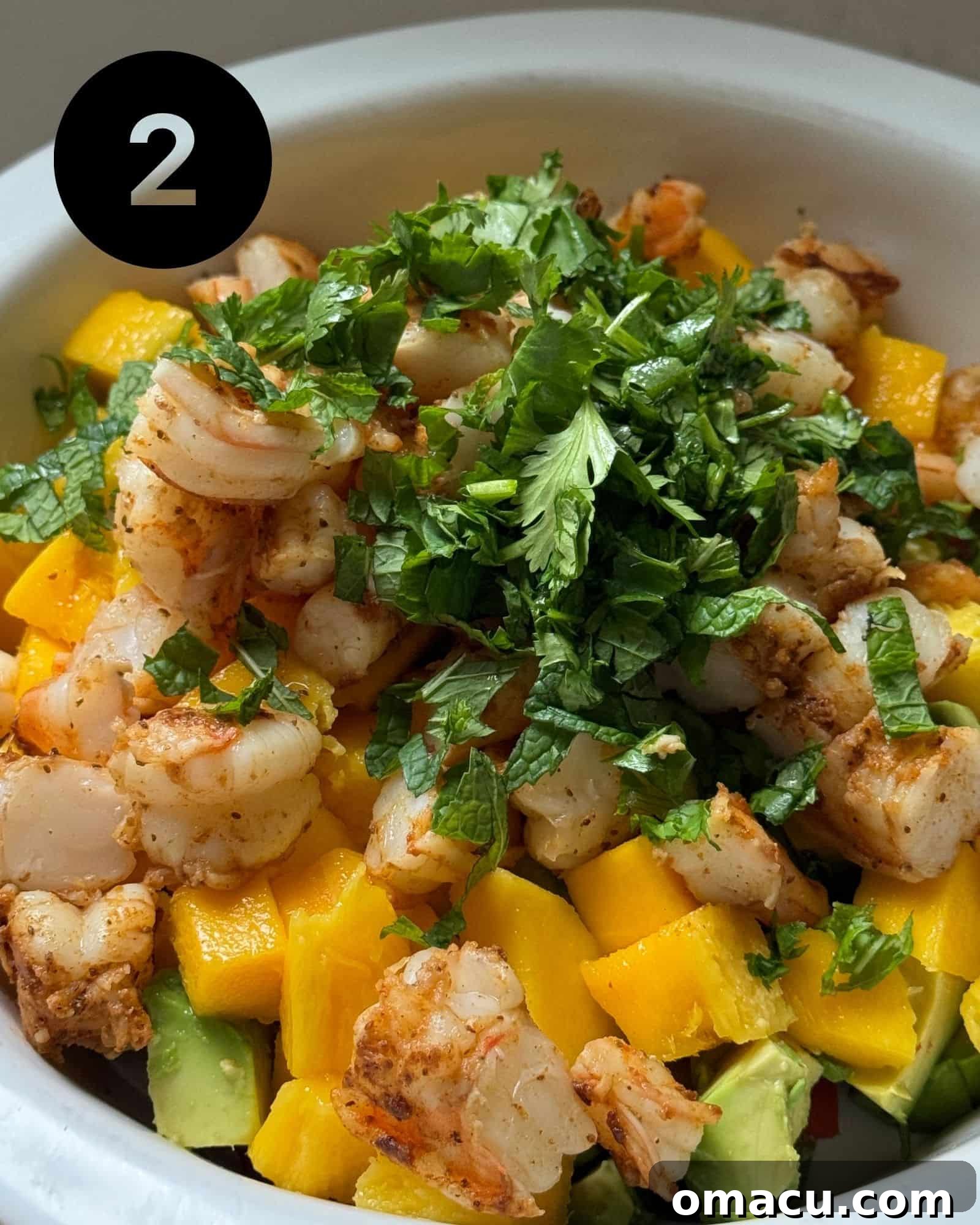 All the colorful mango shrimp salad ingredients artfully tossed together in a bowl with the homemade cilantro lime vinaigrette, showcasing its freshness and vibrancy.