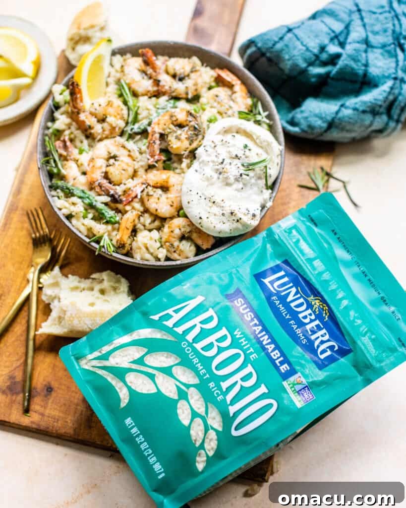 A package of Lundberg Farms Arborio rice on a serving board with a bowl of risotto