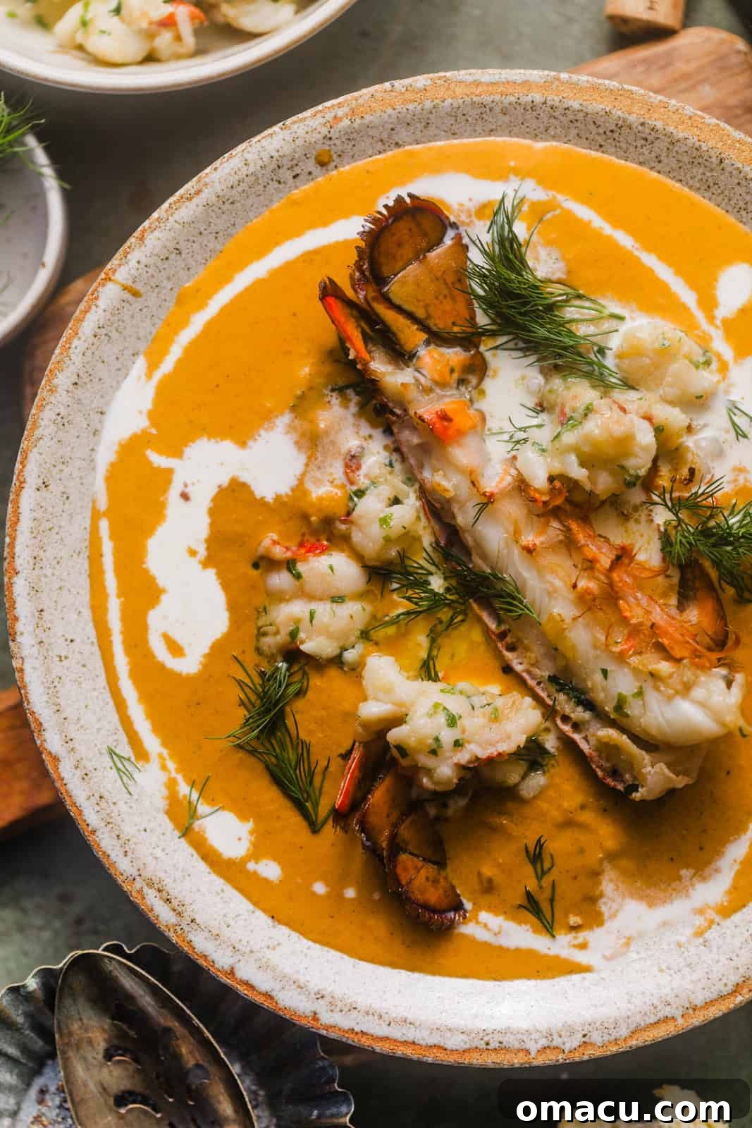 An overhead view of a beautifully presented bowl of lobster bisque, adorned with succulent lobster pieces and a delicate garnish, emphasizing its luxurious appeal.