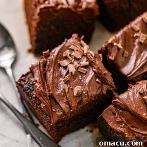 chocolate snack cake on a piece of parchment paper with spoons.