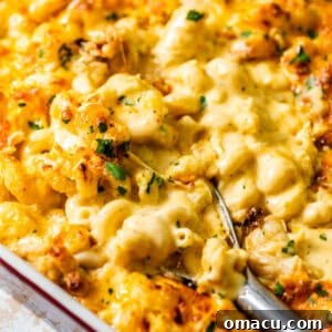 Close-up photo of seafood mac and cheese in a baking dish, ready to be served.