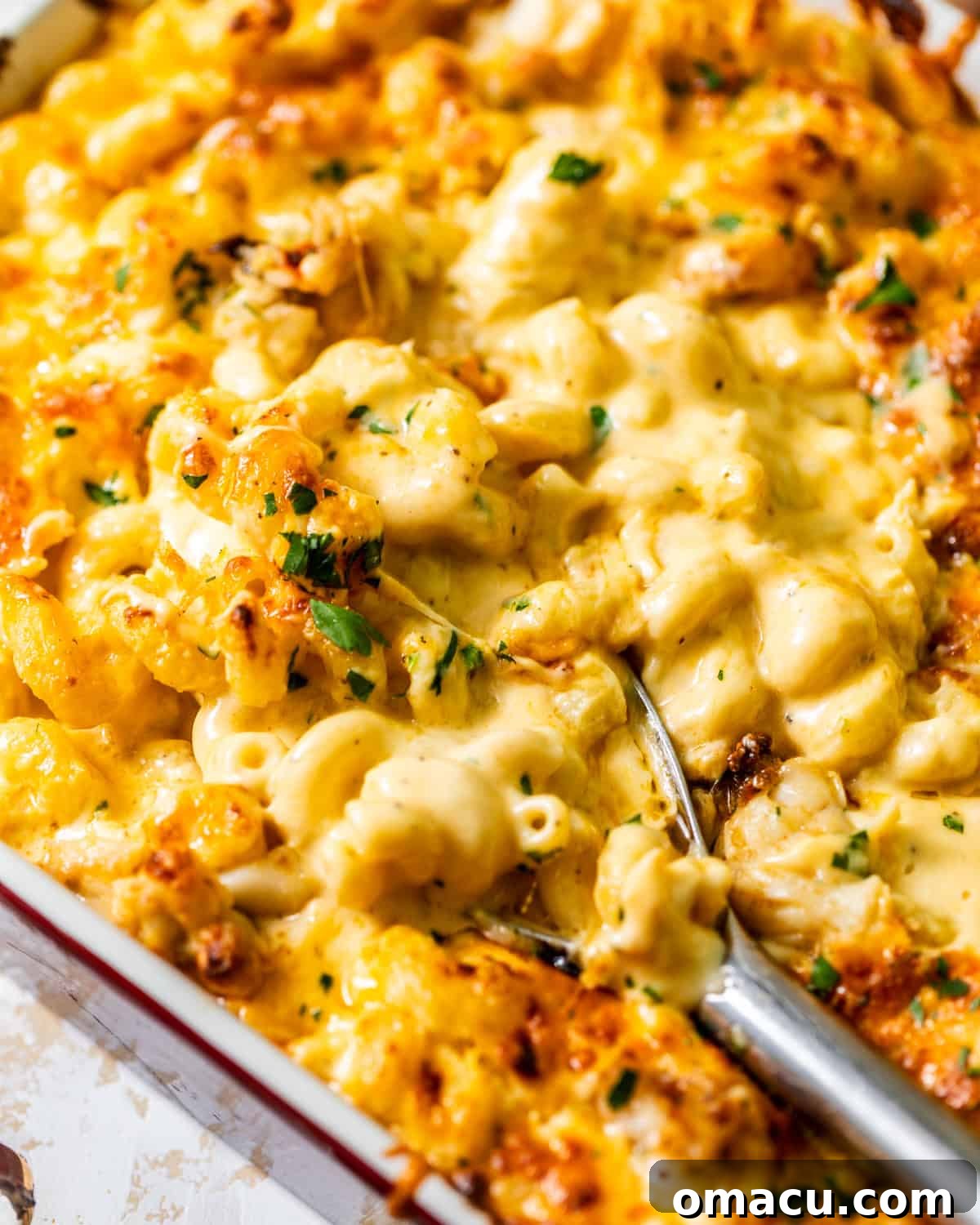 Close-up photo of baked seafood mac and cheese in a rustic baking dish, highlighting the crispy topping and creamy interior.