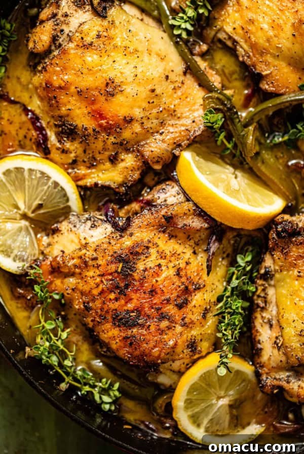 an up close photo of skillet chicken thighs in a cast iron skillet with lemon, thyme, red onion, and garlic.