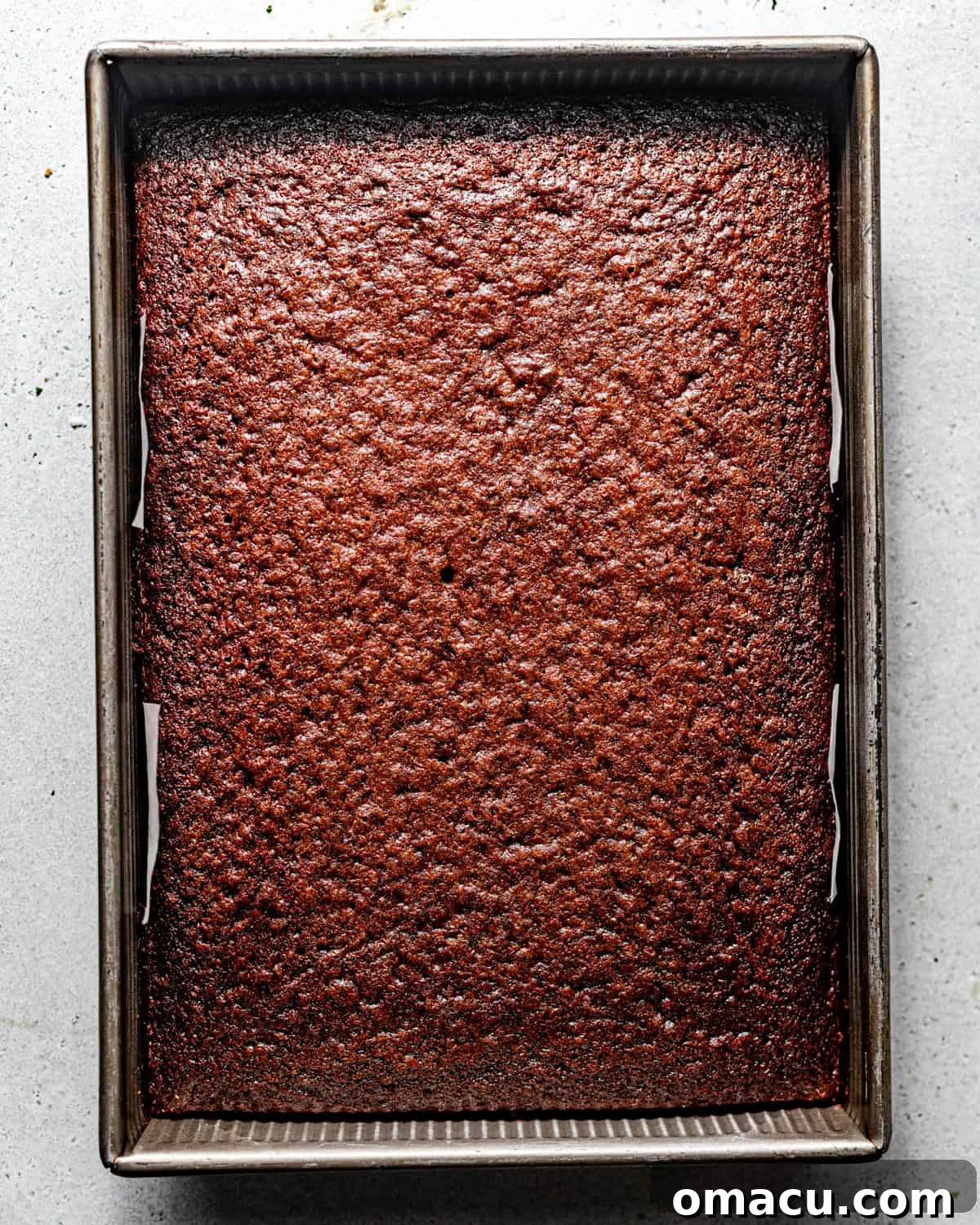 baked texas sheet cake in a baking pan.