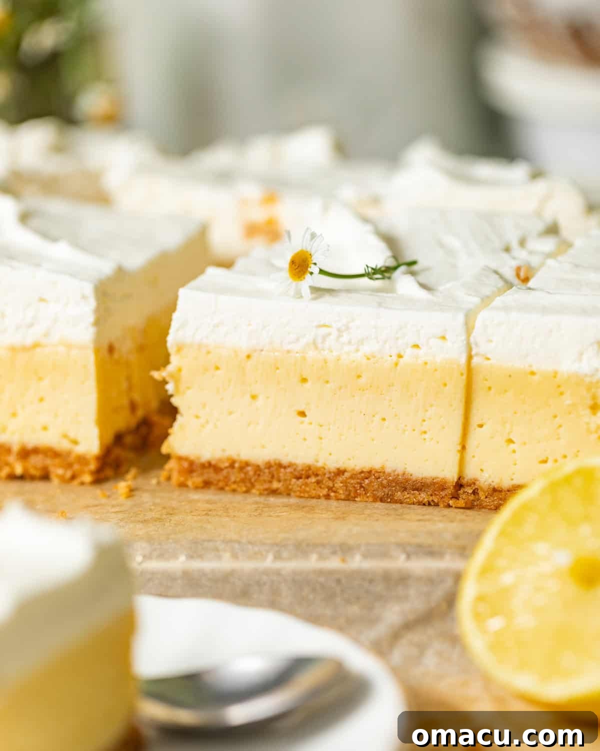 creamy lemon bars with graham cracker crust on a piece of parchment paper topped with edible flower and lemon whipped cream. 