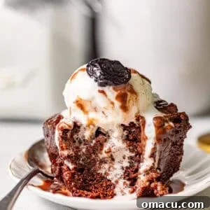 chocolate sticky toffee pudding on a small plate with a spoon.