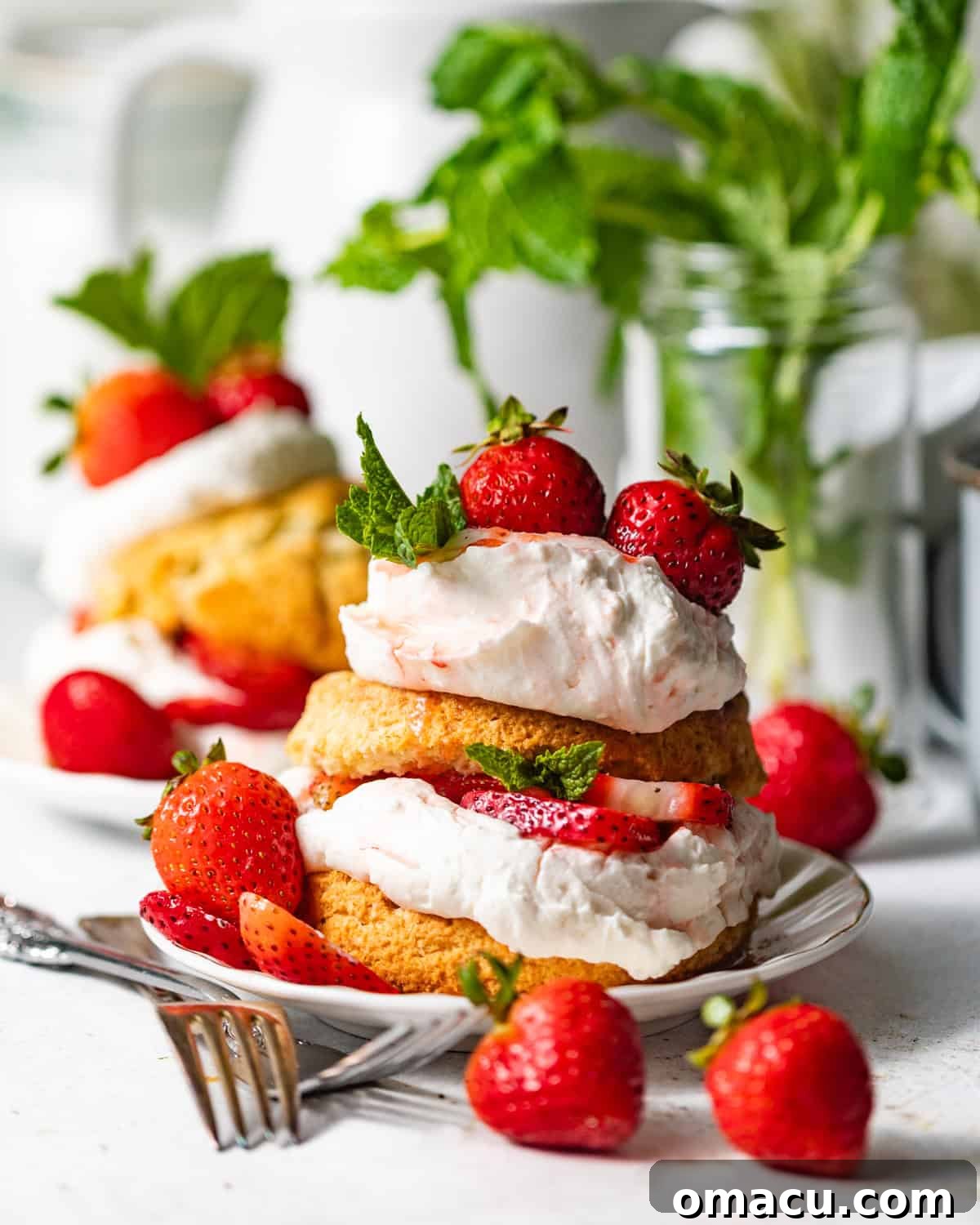 Strawberry Shortcake Recipe: Classic Layer Cake with Fresh Berries 2 strawberry shortcake on a plate with fresh strawberries and a fork.