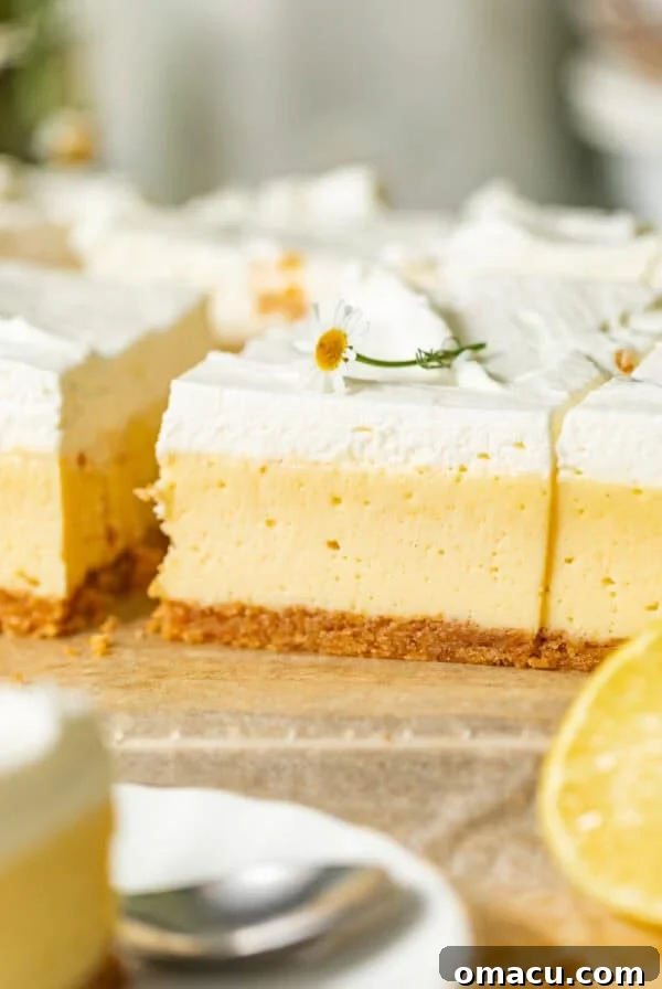 Strawberry Shortcake Recipe: Classic Layer Cake with Fresh Berries 14 creamy lemon bars with graham cracker crust on a piece of parchment paper topped with edible flower and lemon whipped cream.