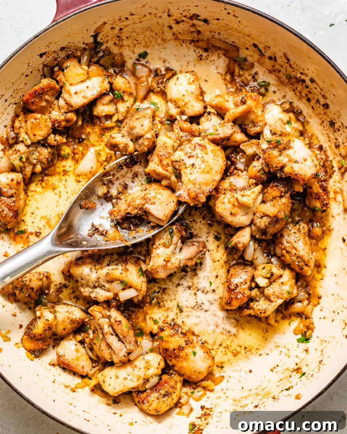 Garlic Butter Chicken Bites Recipe — Quick Savory Weeknight Meal 7 chicken bites tossed in garlic butter sauce in a skillet.