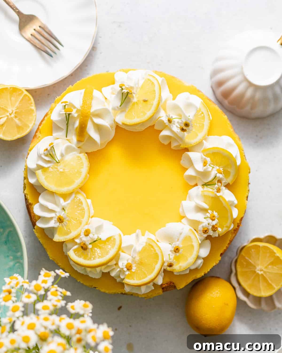 Creamy Lemon Cheesecake Topped with Zesty Lemon Curd 2 lemon cheesecake on a white surface topped with lemon curd, whipped cream, and edible flowers.