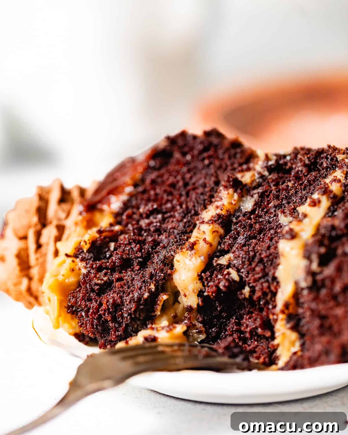a slice of german chocolate cake on a plate.