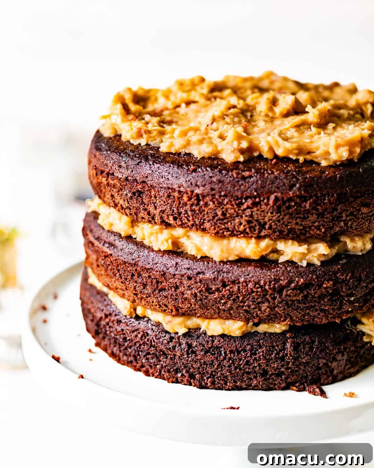 german chocolate cake on a cake stand with coconut pecan frosting between each layer.