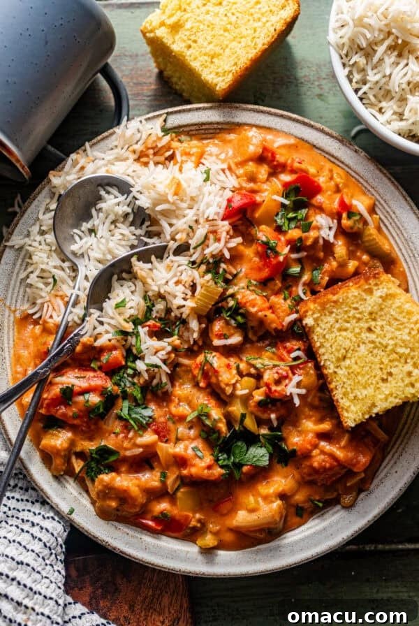 crawfish etouffee on a plate with rich and cornbread.
