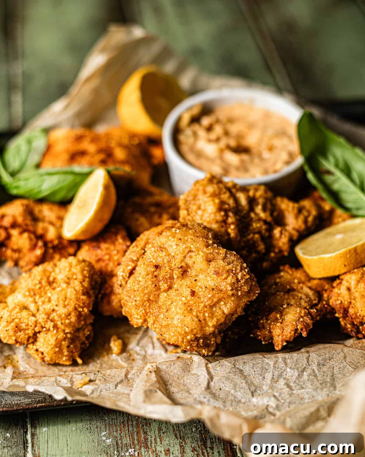 catfish nuggets in a serving tray with a bowl of Cajun tartar sauce and a lemon wedge on the side.