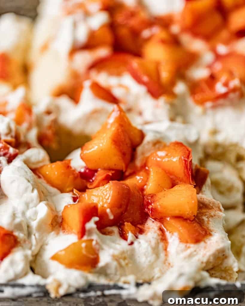 Peach Tres Leches Cobbler Recipe 8 peach tres leches in a baking dish topped with whipped cream and peach cobbler topping.