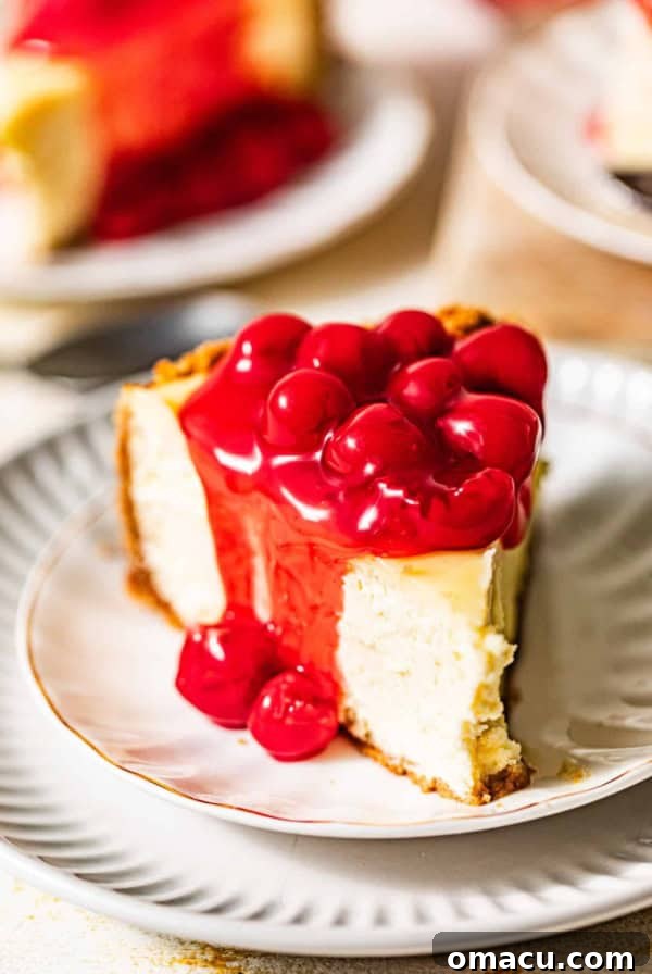 Salted Caramel Peach Cobbler Cheesecake Recipe 11 a slice of cherry cheesecake on a white plate covered in cherry pie filling.