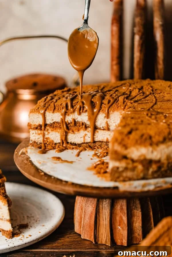 Salted Caramel Peach Cobbler Cheesecake Recipe 12 biscoff cheesecake on a cake stand with biscoff spread being drizzled on top with a spoon.