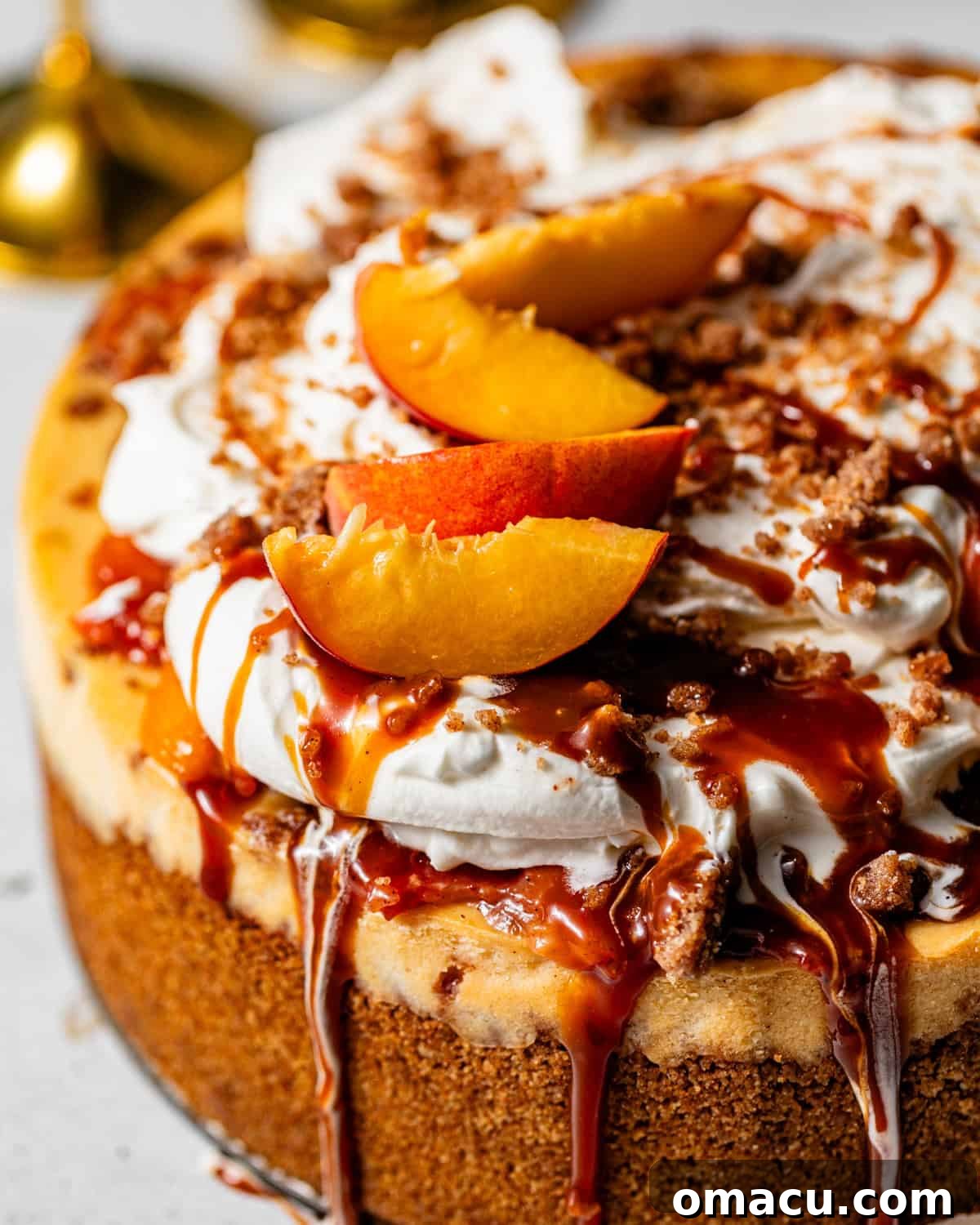 Salted Caramel Peach Cobbler Cheesecake Recipe 9 the top of the peach cobbler cheesecake showing the salted caramel sauce drizzling down.
